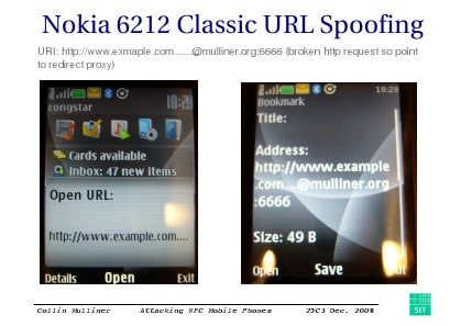 FOR THE CRACK: Mulliner demonstrates how a malformed URL in an NDEF NFC tag can make the Nokia 6212 show the user one destination while actually loading another