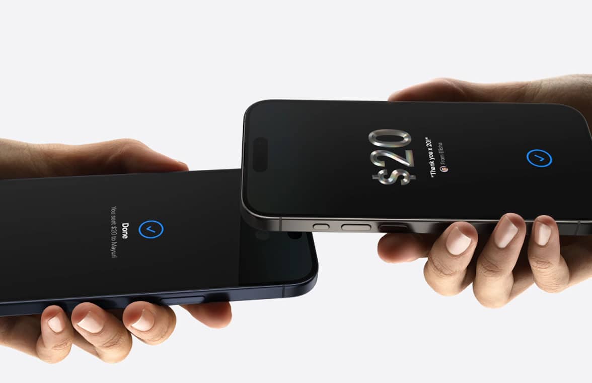 2 phones making an apple tap to cash p2p payment