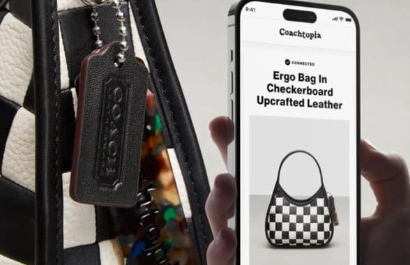 smartphone with Coachtopia bag on screen and NFC tag in background