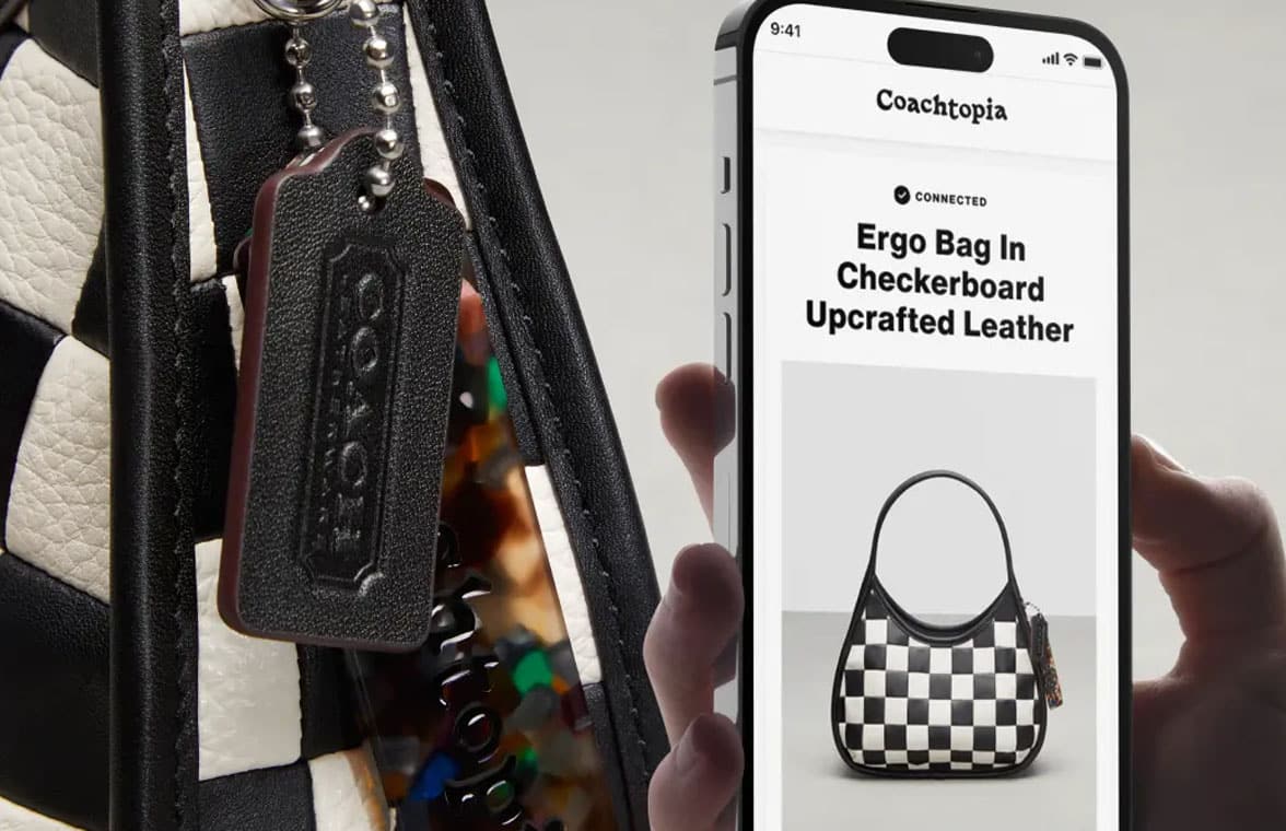 smartphone with Coachtopia bag on screen and NFC tag in background